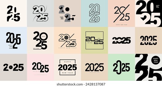 Big Set of 2025 number design template. 2025 New Year logo text design. Collection of 2025 Happy New Year. Vector illustration.