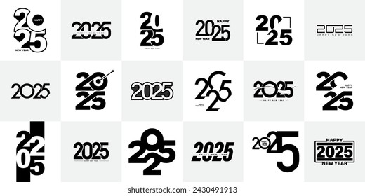 Big Set of 2025 number design template. 2025 New Year logo text design. Collection of 2025 Happy New Year. Vector illustration.