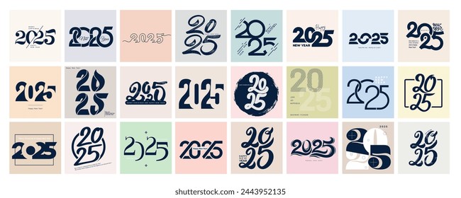 Big Set of 2025 number design template. 2025 Happy New Year logo text design. Vector with black 24 labels logo for diaries, notebooks, calendars, social media. Christmas set of 2025 Happy New Year.