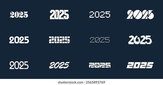 Big Set of 2025 white number design template. The numbers are hand drawn with a brush. Template 2025 New Year logo text design. Design 2025 Happy New Year. Vector illustration.