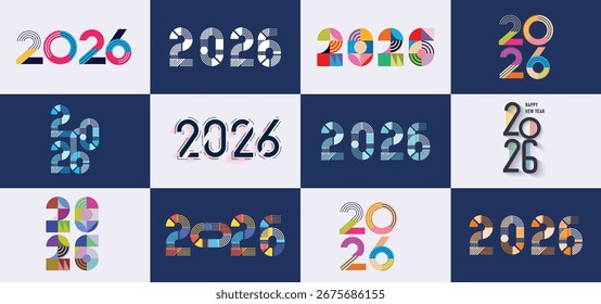 Big Set of 2026 geometric number design template. 2026 New Year logo text design. Collection of 2026 Happy New Year. Vector illustration.
