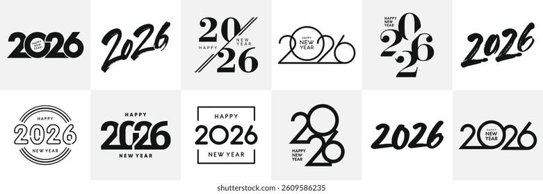 Big Set of 2026 Happy New Year logo text design. 2026 number design template. Collection of 2026 Happy New Year symbols. Vector illustration with black labels isolated on white background.