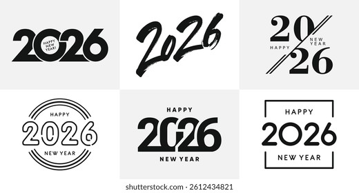 Big Set of 2026 Happy New Year logo text design. 2026 number design template. Collection of 2026 Happy New Year symbols. Vector illustration with black labels isolated on white background.