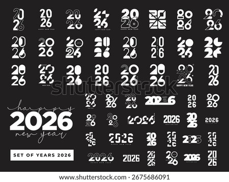 Big Set of 2026 logo text design. 2026 number design template. Collection of 2026 Happy New Year symbols. Vector illustration with labels isolated background.