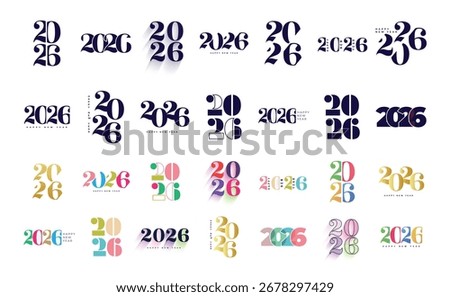 Big Set of 2026 logo text design. 2026 number design template. Collection of 2026 Happy New Year symbols. Vector illustration with labels isolated background.