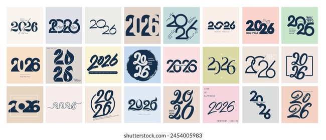 Big Set of 2026 number design template. 2026 Happy New Year logo text design. Vector with black 24 labels logo for diaries, notebooks, calendars, social media. Christmas set of 2026 Happy New Year.