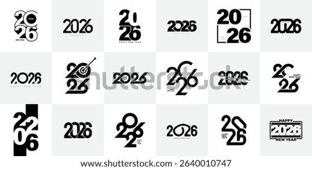 Big Set of 2026 number design template. 2026 New Year logo text design. Collection of 2026 Happy New Year. Vector illustration.