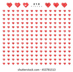 Big set 210 emotions red hearts isolated on white background. Emoji for Web. Smile characters cute
