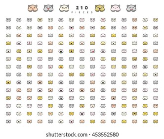 Big set 210 pieces emotions isolated. Cats cute funny. Web emoji. Anger and compassion. Laughter tears. Sadness and surprise. Happiness and fear. Cunning, cheerful.