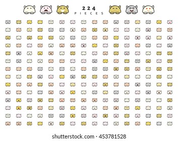 Big set 224 pieces emotions isolated. Cats cute funny. Web emoji. Anger and compassion. Laughter tears. Sadness and surprise. Happiness and fear. Cunning, cheerful.