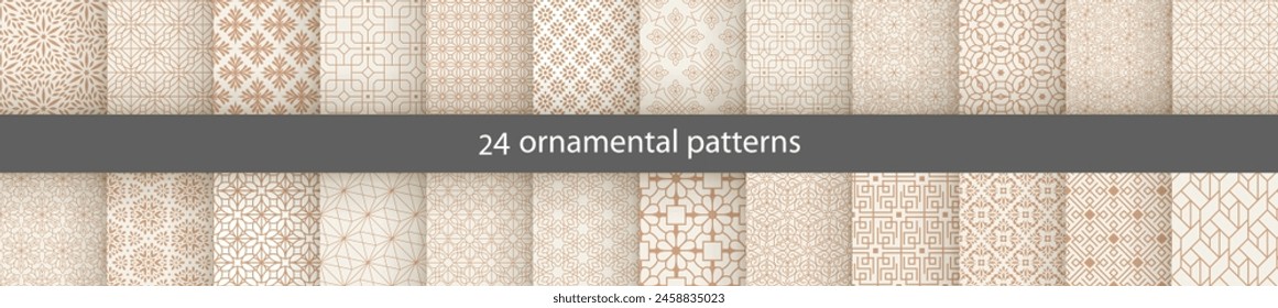 Big set of 24 oriental patterns. White and gold background with Arabic ornaments. Patterns, backgrounds and wallpapers for your design. Textile ornament. Vector illustration.