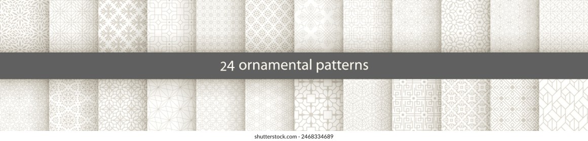 Big set of 24 oriental patterns. White and gold background with Arabic ornaments. Patterns, backgrounds and wallpapers for your design. Textile ornament. Vector illustration.