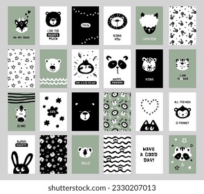 Big set of 24 Scandinavian gift cards and prints for nursery decor or children room. Vector collection with vector images of animals - panda, cat, lama, bear, funny letterings and design elements. 