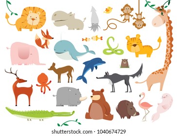 Big set of 24 Vector illustrations of really cute cartoon Wild Animals