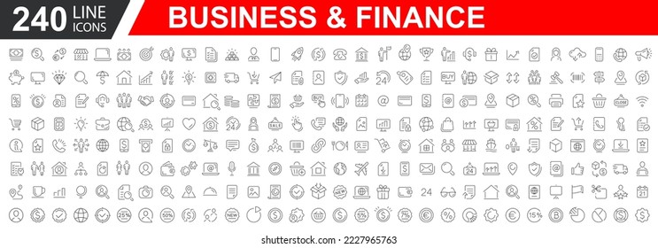 Gran conjunto de 240 íconos de negocios. Iconos web de negocios y finanzas. El negocio de los vectores y las finanzas editable línea de línea de ataque conjunto con dinero, banco, cheque, ley, subasta, oportunidad, pago. Ilustración del vector