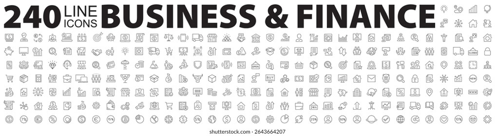 Grande conjunto de 240 ícones empresariais. Ícones da Web de Negócios e Finanças. Vetor negócio e finanças editável ícone de linha de traço definido com dinheiro, banco, cheque, lei, leilão, exchance, pagamento. Ilustração vetorial.