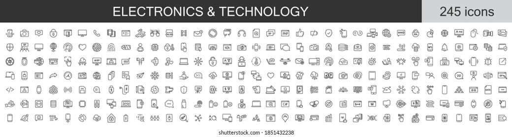 Big set of 245 Electronics and Technology icons. Thin line icons collection. Vector illustration - Shutterstock ID 1851432238