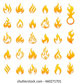 Big set of 29 flame and fire vector icons on white background.