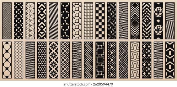 Big set of 30 vector templates for laser cut, plotter, CNC cutting. Elegant modern designs with abstract geometric patterns, oriental floral ornaments. Decorative panel stencils. Aspect ratio 1:4