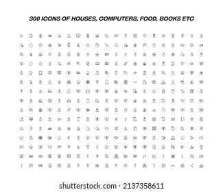 Big set of 300 icons drawn with thin line. Editable strokes in moder flat style. Vector line icons of computers, houses, food, items on hand etc 
