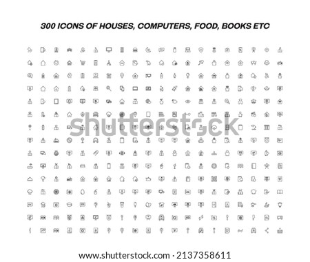 Big set of 300 icons drawn with thin line. Editable strokes in moder flat style. Vector line icons of computers, houses, food, items on hand etc 

