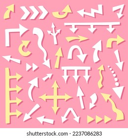Big set of 32 hand drawn cute arrows different shape on pink background. Big and small kawaii doodle arrow marks, cursors for infographic, planning, mind maps. Stickers, labels 