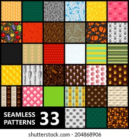 big set of 33 seamless vector patterns. Food and drinks, science, music, abstract, ethnic and other backgrounds