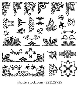 Big set of 35 design elements, frame, border and corner geometric ornament, vector doodle floral collection, isolated black on white background