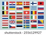 Big set of 36 European flags. Includes Germany, France, Italy, Spain, and others. European flags vector for cultural, educational, or design projects.