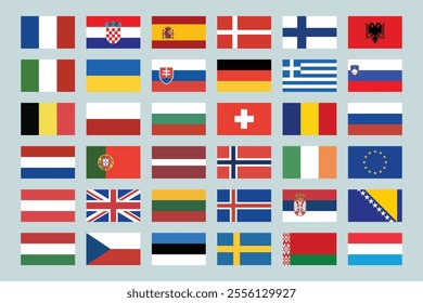 Big set of 36 European flags. Includes Germany, France, Italy, Spain, and others. European flags vector for cultural, educational, or design projects.