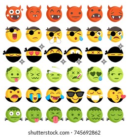 Big Set of 36 high quality vector cartoonish Halloween emoticons, six for each poplar costume (Devil, Ninja, Pirate, Zombie, Dracula, Frankenstein), in rough hand-drawn design style