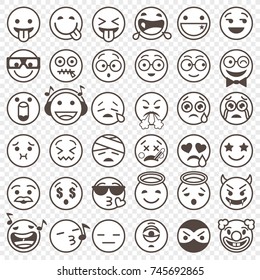Big Set of 36 high quality vector cartoonish emoticons, in outlined black and white design style
