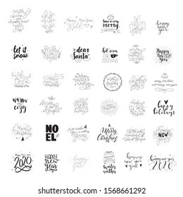 Big Set of 36 Merry Christmas and Happy New Year 2020 handlettered card designs. Christmas phrases. Merry Christmas. Hapy New Year. 2020.