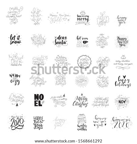 Big Set of 36 Merry Christmas and Happy New Year 2020 handlettered card designs. Christmas phrases. Merry Christmas. Hapy New Year. 2020.