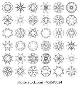 Big set of 36 round ornaments, logo icon label design elements collection. Black symbols stylized flowers. Abstract geometric floral shapes, line art.