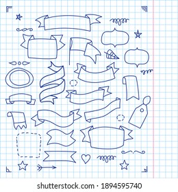 Big set of 38 different doodle elements like 29 Frame labels for the text, 4 different decoration for angles plus a plaid common pattern for a notebook. Perfect suits for banners, speech bubbles.