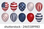 Big set of 3d balloons with USA flag ornaments. 4th of July balloon decoration, realistic vector 3d render helium balloons collection. Patriotic striped and starry decoration of holidays and parties
