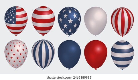 Big set of 3d balloons with USA flag ornaments. 4th of July balloon decoration, realistic vector 3d render helium balloons collection. Patriotic striped and starry decoration of holidays and parties