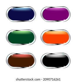 Big set of  3d colorful glossy badge or button. Oval plastic pin, emblem, volunteer label. Vector.  