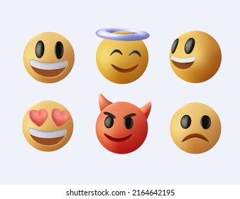 Gran conjunto de íconos de sonrisa emoticono 3D. Comentar los medios sociales, comentarios de chat reacciones, imagen de plantilla de ícono cara de lágrima, sonrisa triste, abrazar amor como, ja, el mensaje de personaje emoticono del diablo 3D Cartoon emoji set. Vector