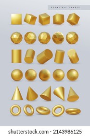 Big set of 3d gold geometry. Vector realistic render square, ball, pyramid, polyhedron, cylinder, circle yellow metallic objects, minimalist simple different angles shapes, standard primitives.