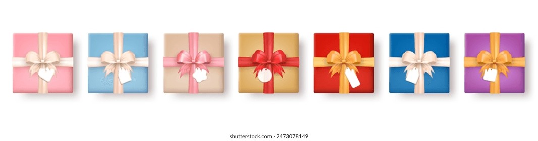 Big set of 3d realistic colorful gift boxes wrapped in craft paper and tied with silk bow top view. Three dimensional present packages with label tag and ribbon isolated on transparent background