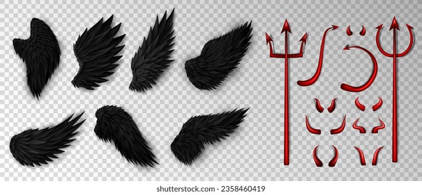 Gran conjunto de tres elementos realistas del disfraz del diablo - tridente rojo sangriento, brillantes cuernos, cola de demonio y varias alas de tres dimensiones diablo negro sobre fondo transparente
