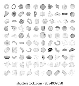 Big set of 3D shapes in a linear construction. Volumetric modeling of 3D figures.