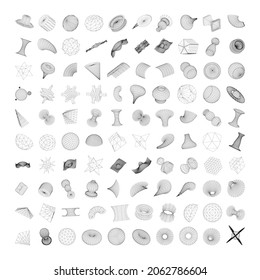Big set of 3D shapes in a linear construction. Volumetric modeling of 3D figures.