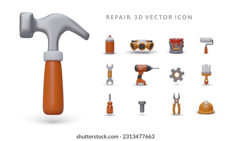 Big set of 3D tools icons. Construction, repair, painting works. Color tools for professional and home use. Things for work and protection. Collection of isolated images in cartoon style