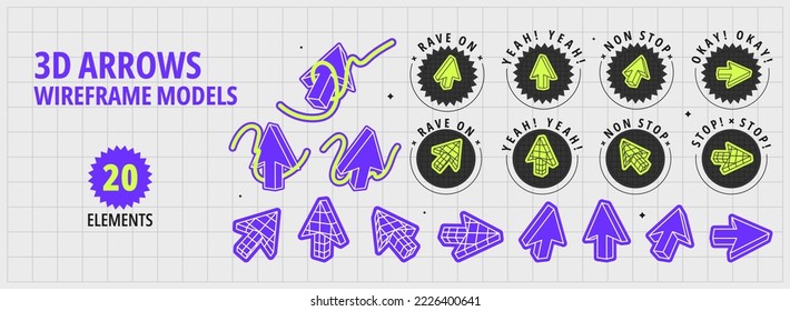 Gran conjunto de flechas geométricas de malla 3d. Ilustración vectorial plana con figuras de marco. Brutalismo o estilo y2k. Concepto de elementos de moda ácidos.