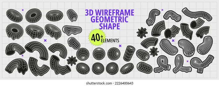Big set of 3d wireframe geometric shape. Flat vector illustration with frame retro figures, cyberpunk elements, brutalism forms, y2k. Concept acid trendy elements.