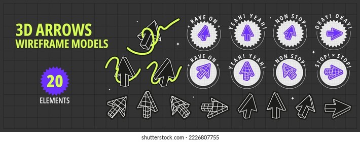 Big set of 3d wireframe geometric arrows. Flat vector illustration with frame figures. Brutalism or y2k style. Concept acid trendy elements. color 2