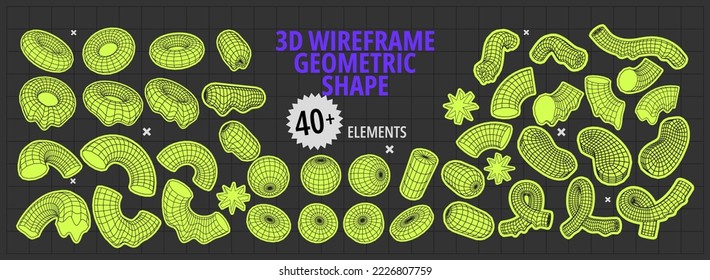 Big set of 3d wireframe geometric shape. Flat vector illustration with frame retro figures, cyberpunk elements, brutalism forms, y2k. Concept acid trendy elements. color 2